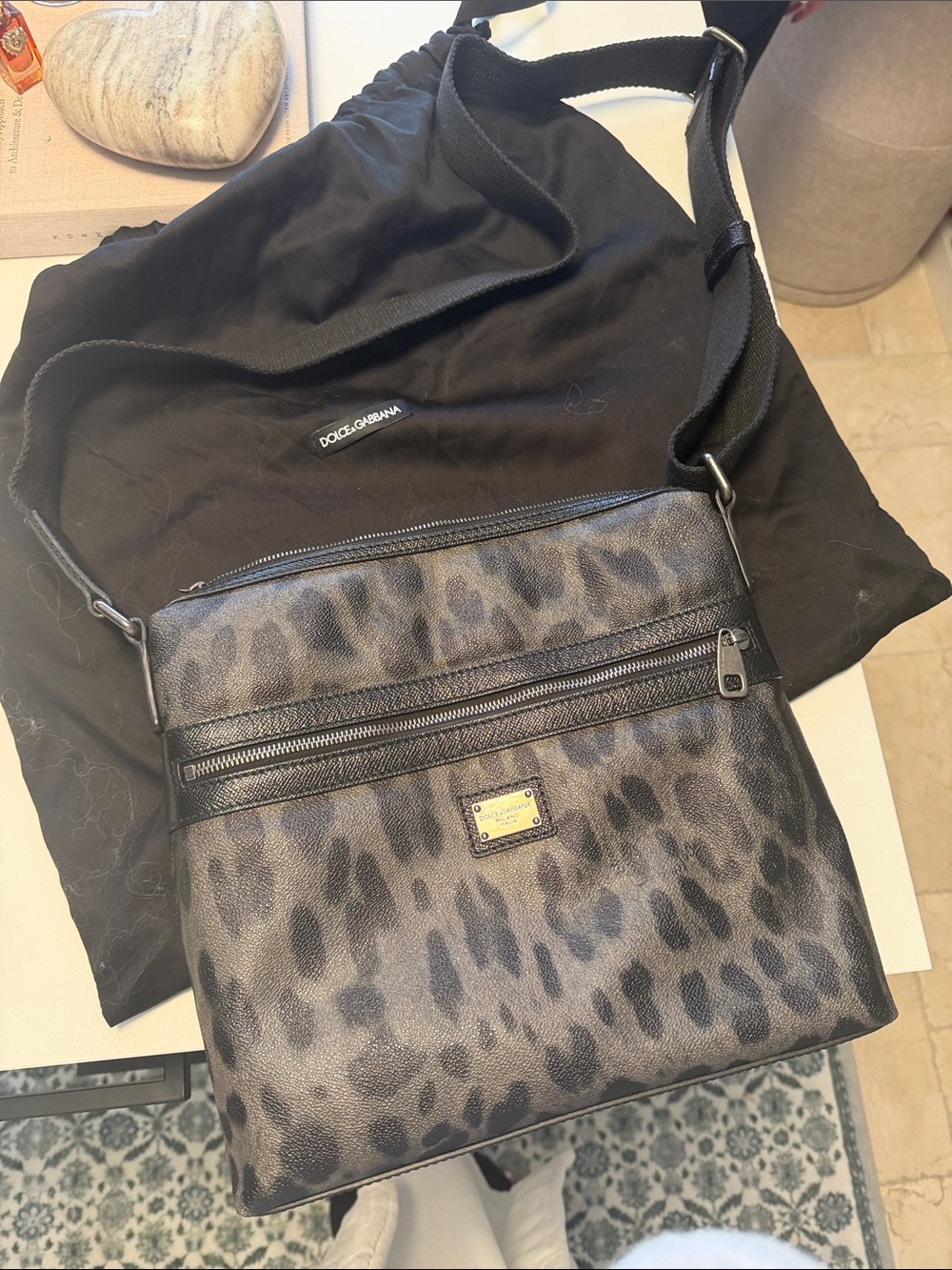 Dolce & Gabbana Black and Gray Leopard-Print Messenger Bag